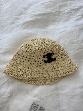 Celine Beige Crochet Bucket Hat with Black Logo